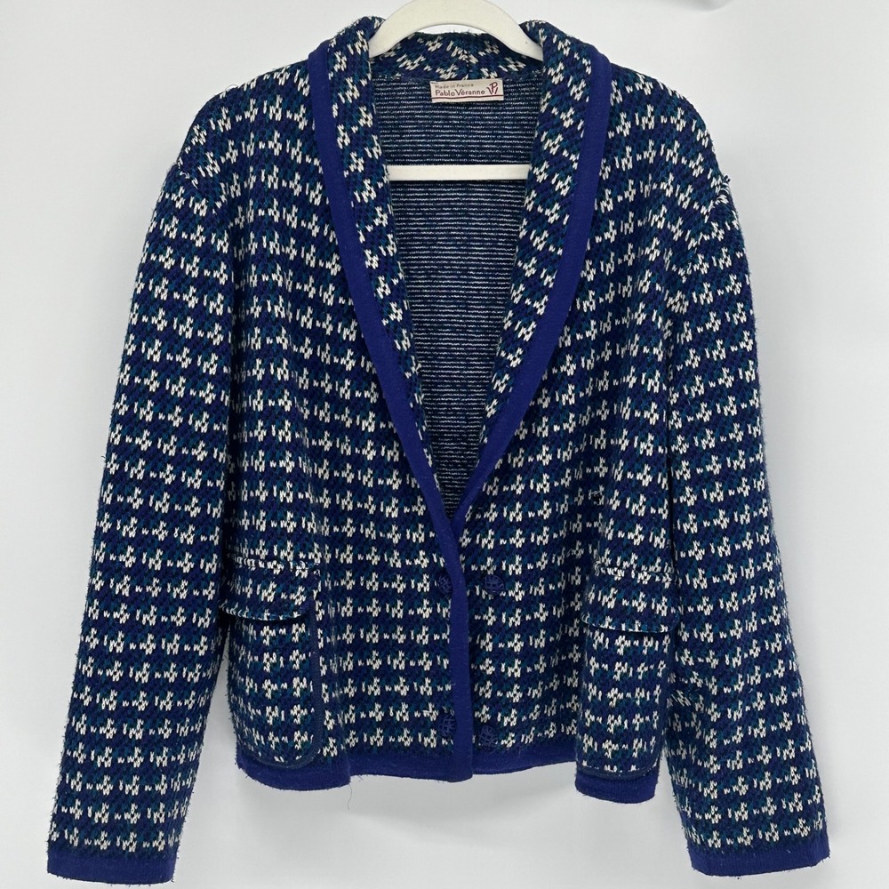 Vintage 80s Art Deco Women's Sweater Blue Herringbone Retro French Pablo XL READ